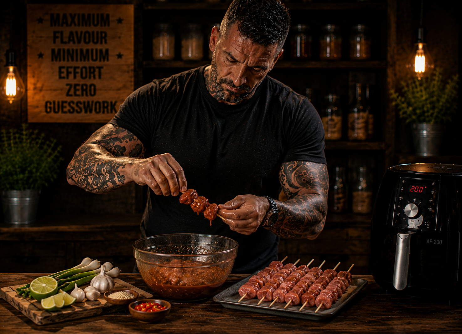 Air-Fryer Sweet Chilli Pork Skewer Trays preparation stage